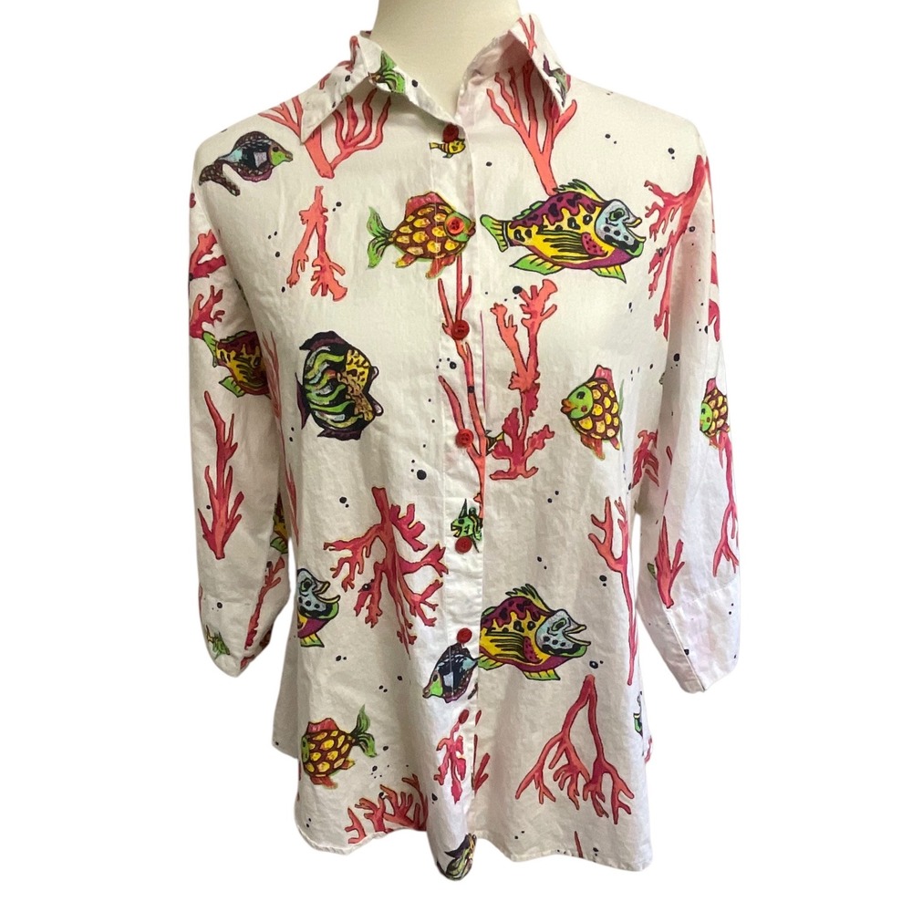 Modaposa Fish Coral Print Button Down Shirt Womens Medium White Multi